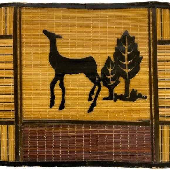 Bamboo Wooden Trinket Stash Box Deer Trees Silhouette Natural Boho Wood Vtg 70s - Picture 3 of 10